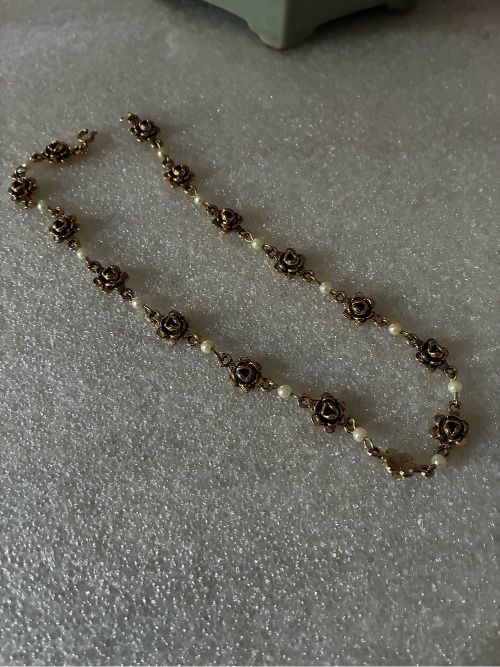 Gold Rose Link Necklace with Pearl Beads